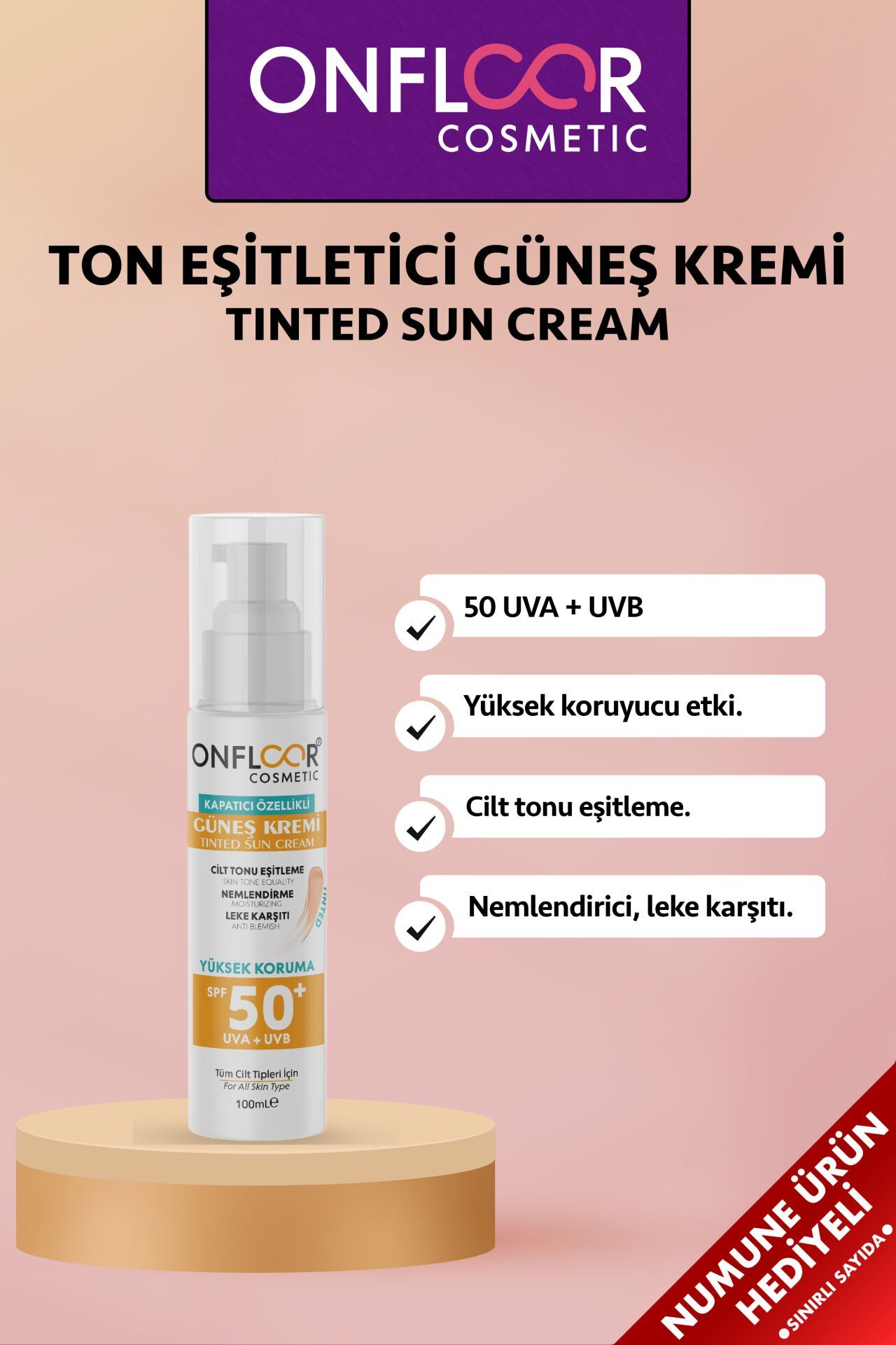 Onfloor Güneş Kremi SPF 50+ 100 ml – Tinted, Cilt Tonu Eşitleyici, Yüksek UVA + UVB Koruma