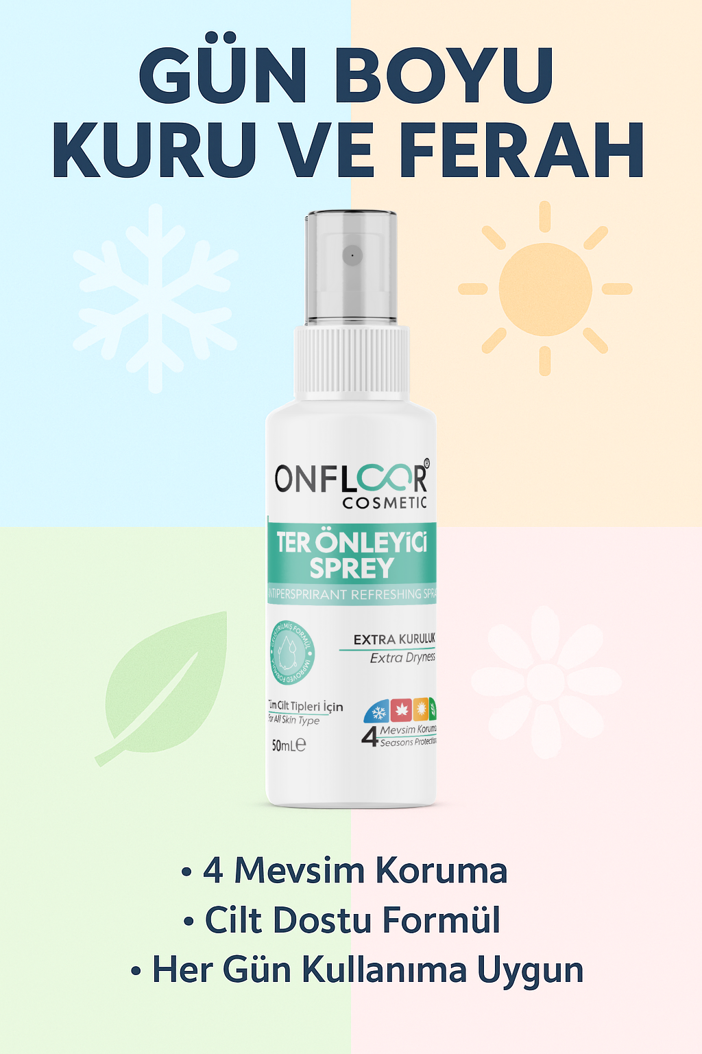 Onfloor Terleme Önleyici Sprey 50 ml – Ter Kokusunu Giderici, Gün Boyu Ferahlık, Cilt Dostu Pudrasız Formül