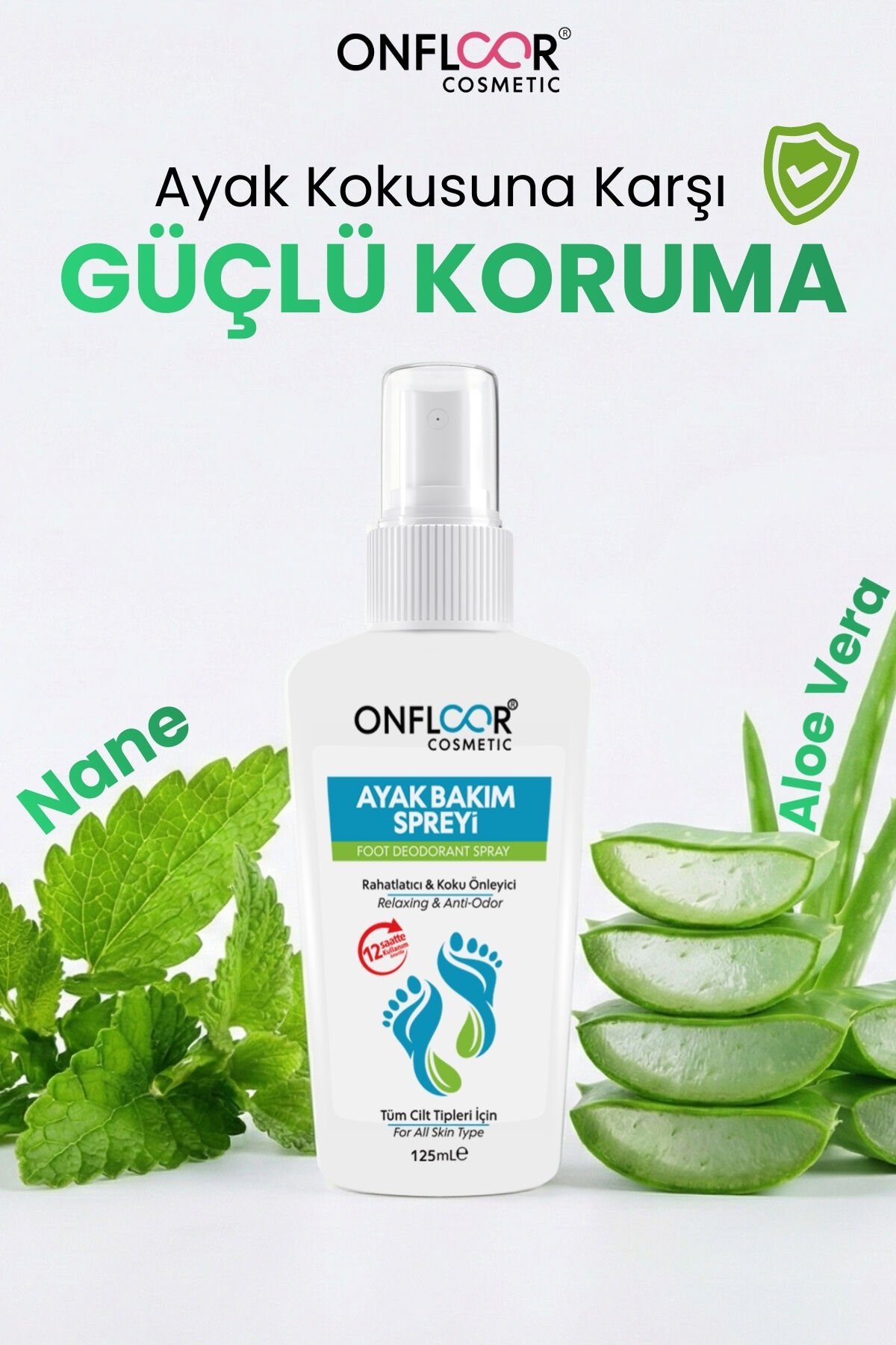 Onfloor Ayak Kokusu Giderici Sprey 125 ml – Ferahlatıcı, Rahatlatıcı, Aloe Vera ve Nane Özlü