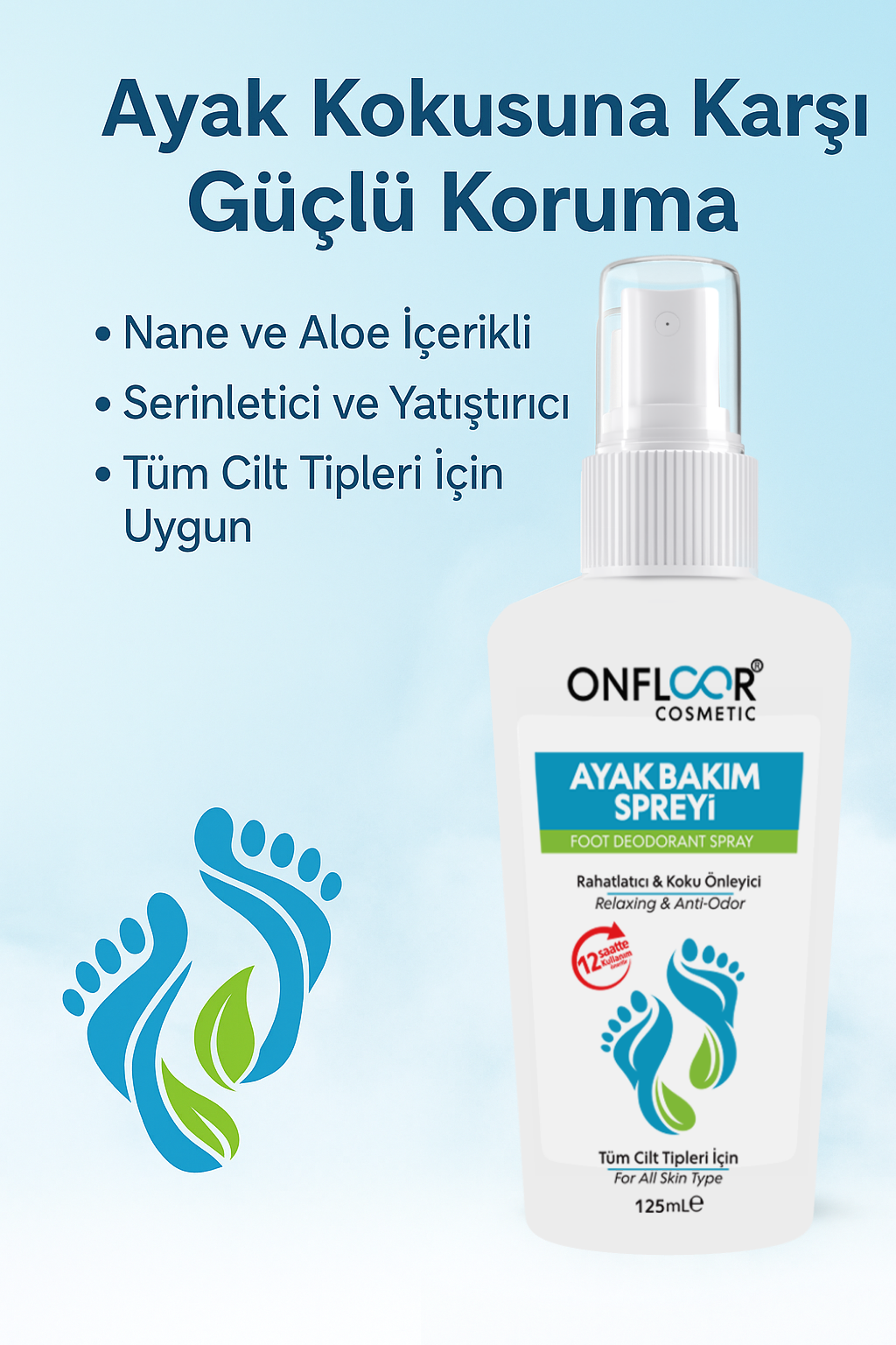 Onfloor Ayak Kokusu Giderici Sprey 125 ml – Ferahlatıcı, Rahatlatıcı, Aloe Vera ve Nane Özlü